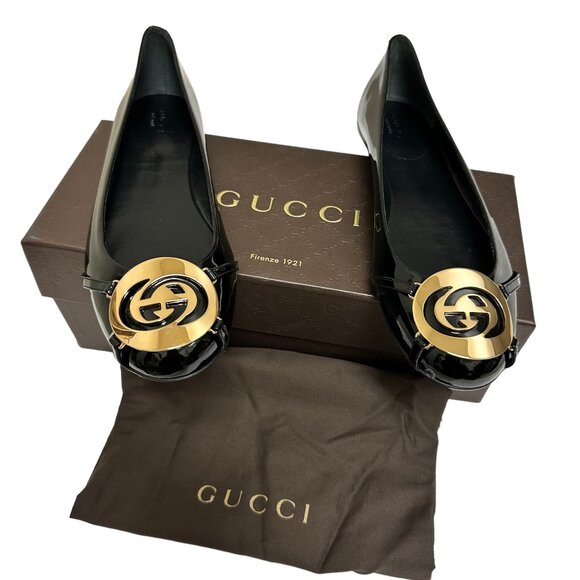 NEW WITH BOX Gucci Black Patent Leather GG Logo Ballet Flats for Women Size 39 - Picture 1 of 14